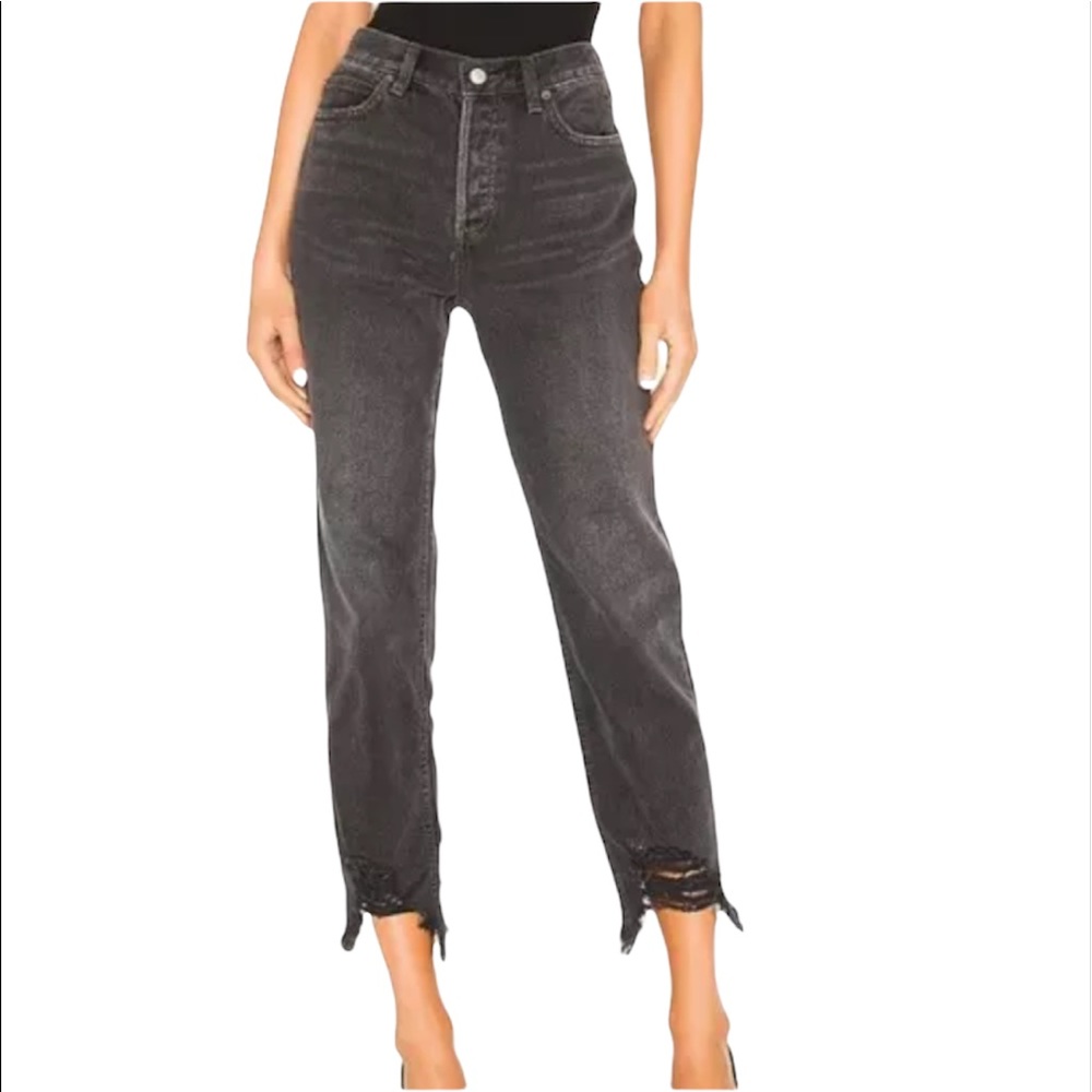 We the Free button fly distressed crop jeans chewed hem washed out black size 27